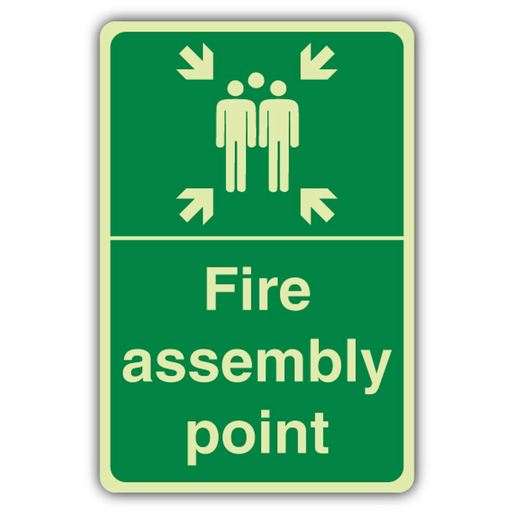 V Safety - Señal de punto de montaje de fuego que brilla en la oscuridad, 400 x 600 mm, hecha de vinilo autoadhesivo de triple brillo, señalización de seguridad contra incendios, fabricado en Gran