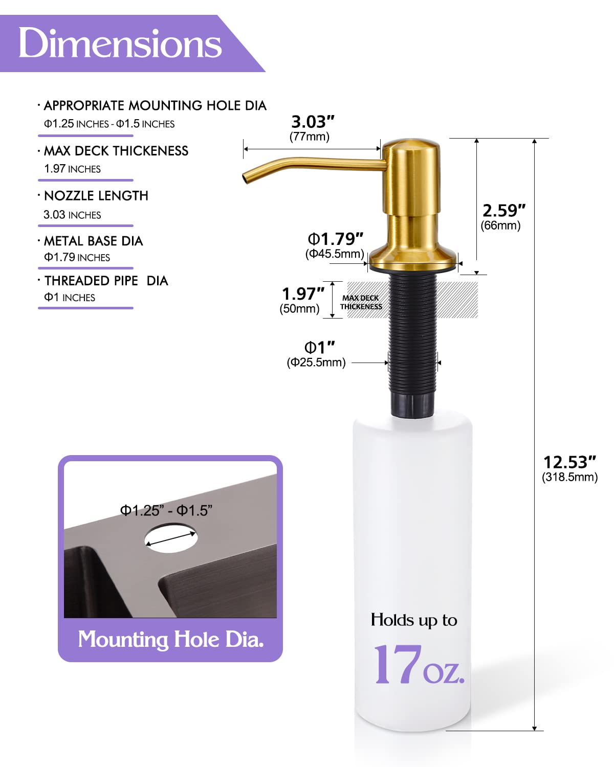 Distributore di Sapone per lavello da Cucina, Oro Spazzolato, distributore di Sapone da Cucina in Acciaio Inossidabile Incorporato, Ricarica dall'alto, per lavello da Cucina da banco