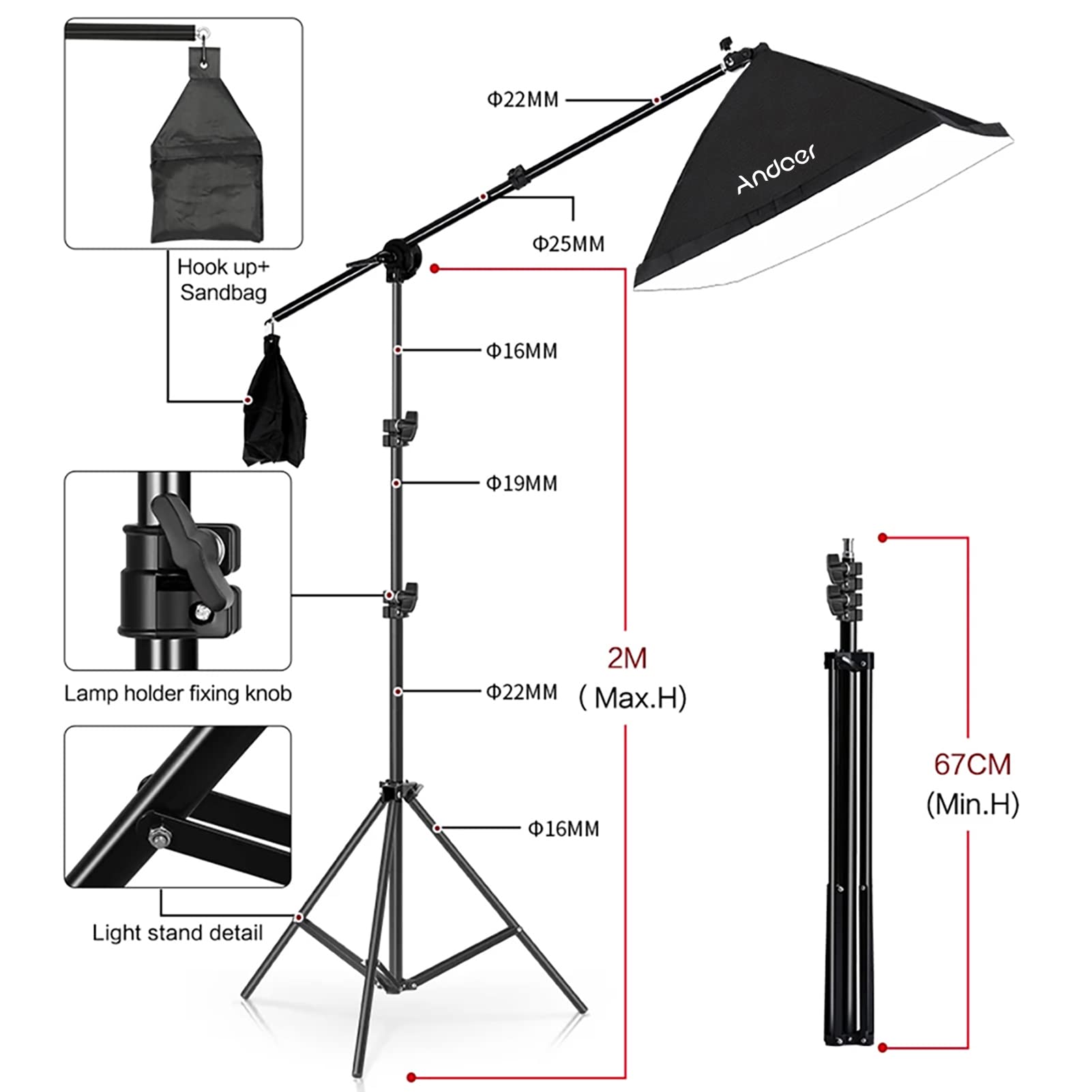 Andoer Softbox Set studio photo 50 x 70 cm, lampe de studio avec 3 boîtes à softbox, 3 ampoules LED 135 W, 3 trépieds lumineux 2 m, bras de flèche pour portraits de studio, photographie de produits