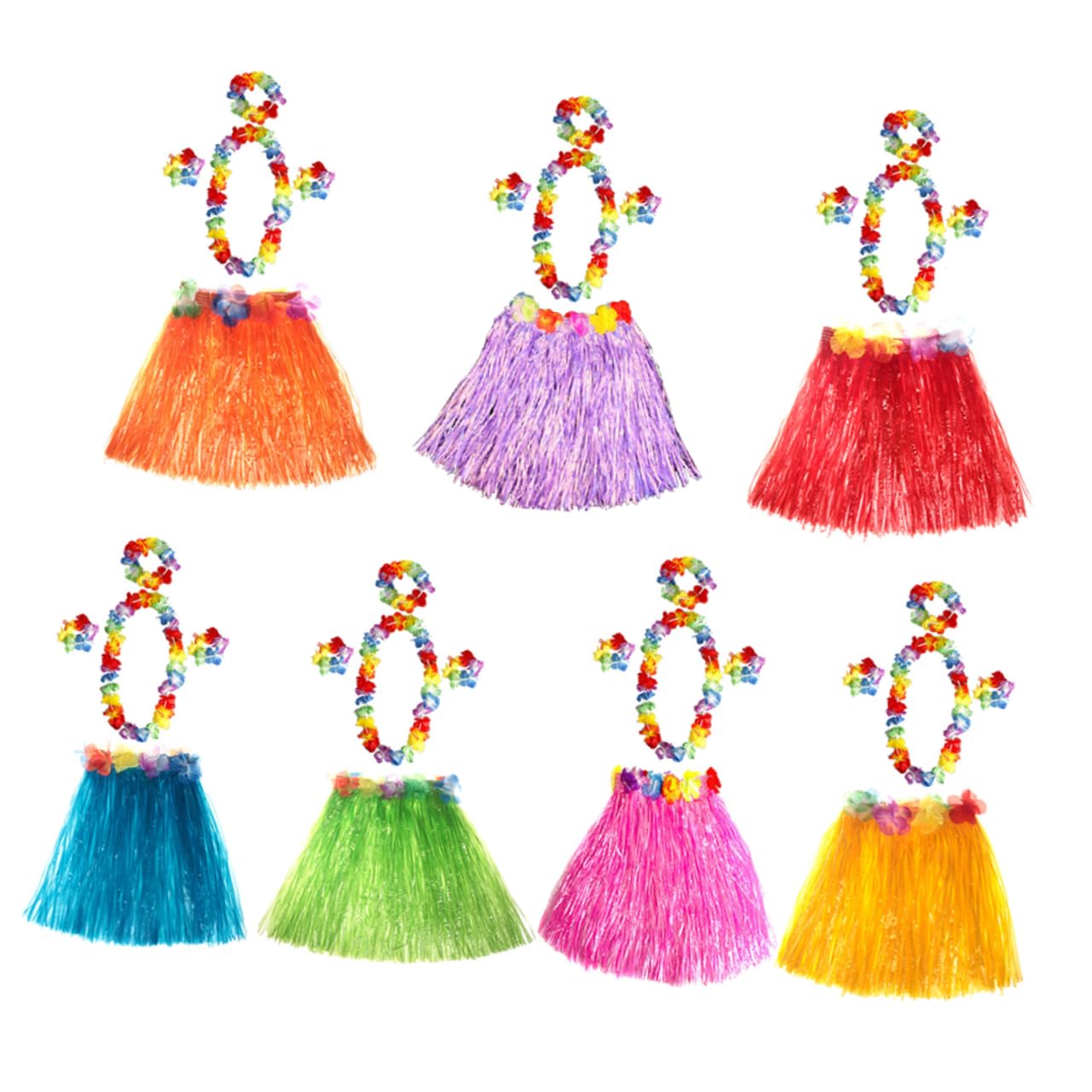 NOLITOY 7-piece Boys and Girls Grass Skirt Set Flower Hawaii Dance Costume 40cm Tropical Theme