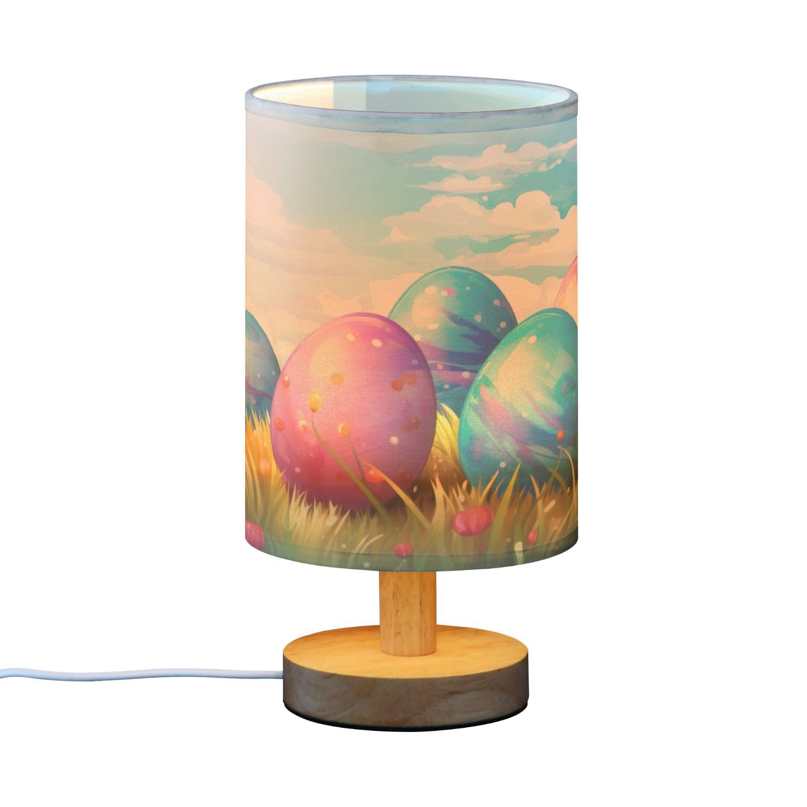 SDMKA Easter Colorful Eggs Bedside Table Lamp for Bedroom, Minimalist Nightstand Lamp with Round Fabric Shade for Living Room, Office, No Bulb Required