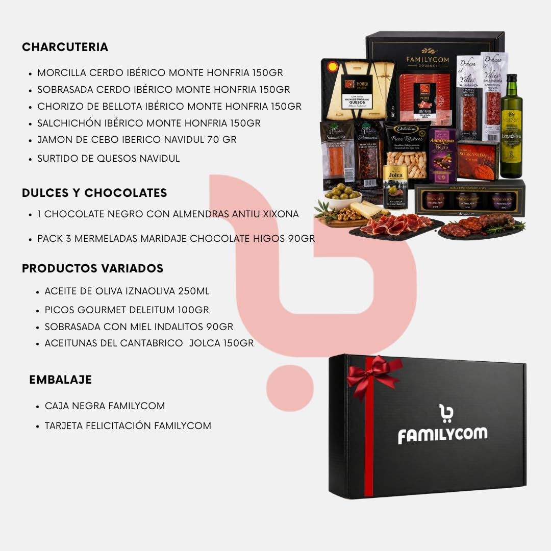 FAMILYCOM Cesta Gourmet para regalar - Lote gourmet con Ibéricos de regalo - Surtido de Bombones, chocolate, Embutidos, Aceite De Oliva Virgen - Regalos originales para Profesores