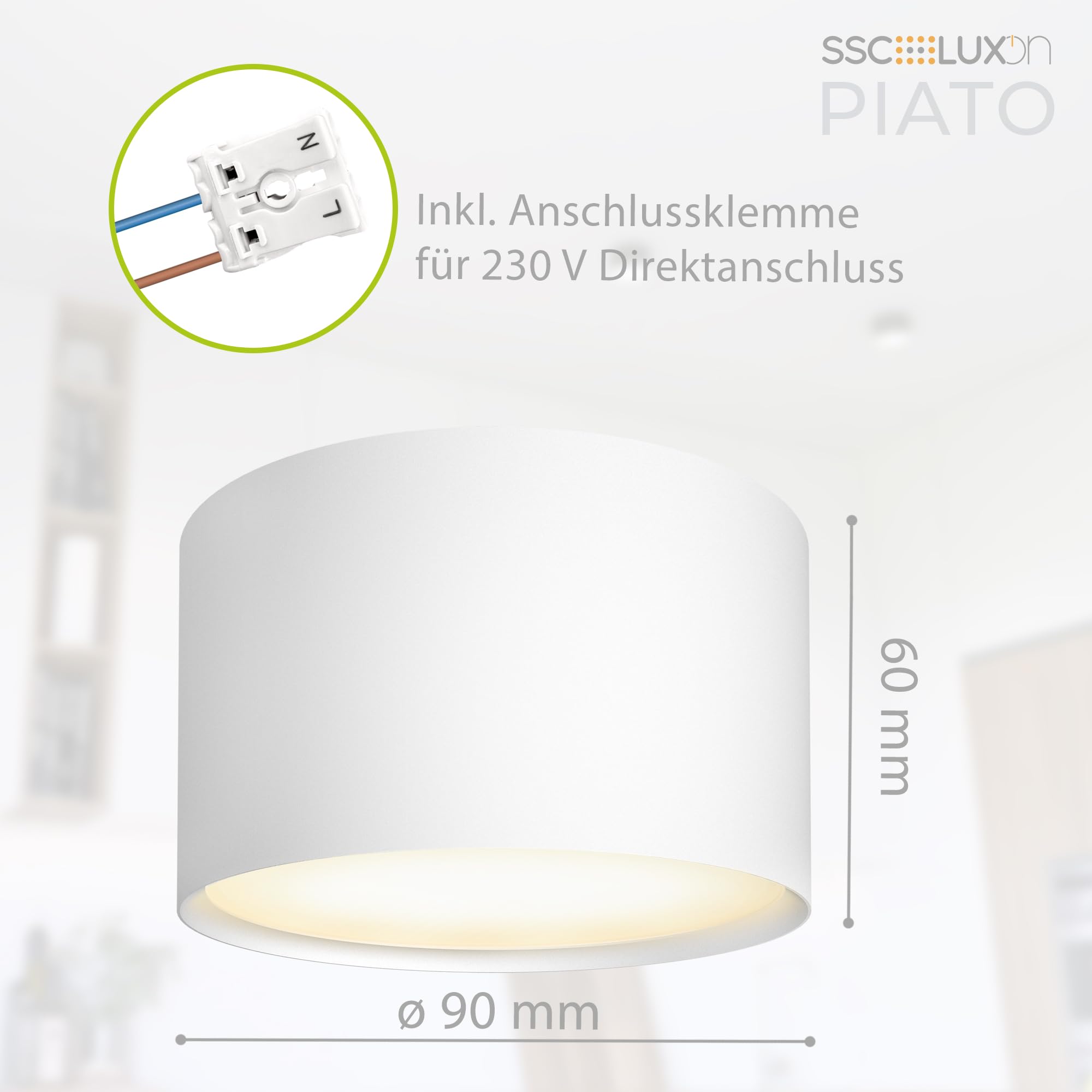 SSC-LUXon PIATO Aufbaustrahler 4er Set weiß rund 6W warmweiß Decke inkl LED | Vier flache Aufputz-Deckenspots weiß matt - warmweiß 6W, für Wohnzimmer, Flur & Büro, direkt an 230V, Ø14cm, inkl. LED