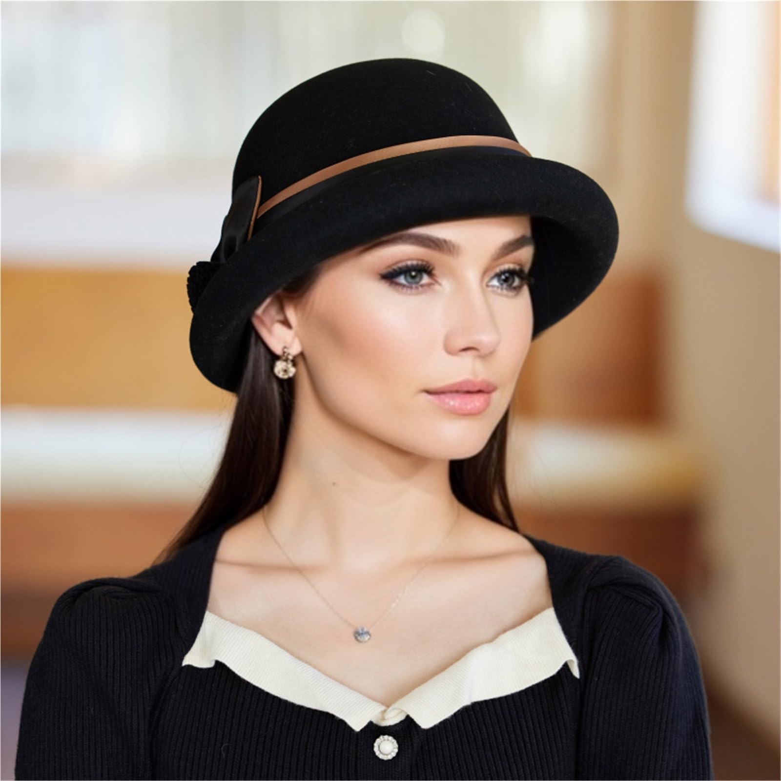 Bombetta Donna Cappello Fedora Francese in Tweed di Lana Vintage | Cappelli da donna eleganti in feltro con tesa arrotolata traspirante for donna autunno e inverno