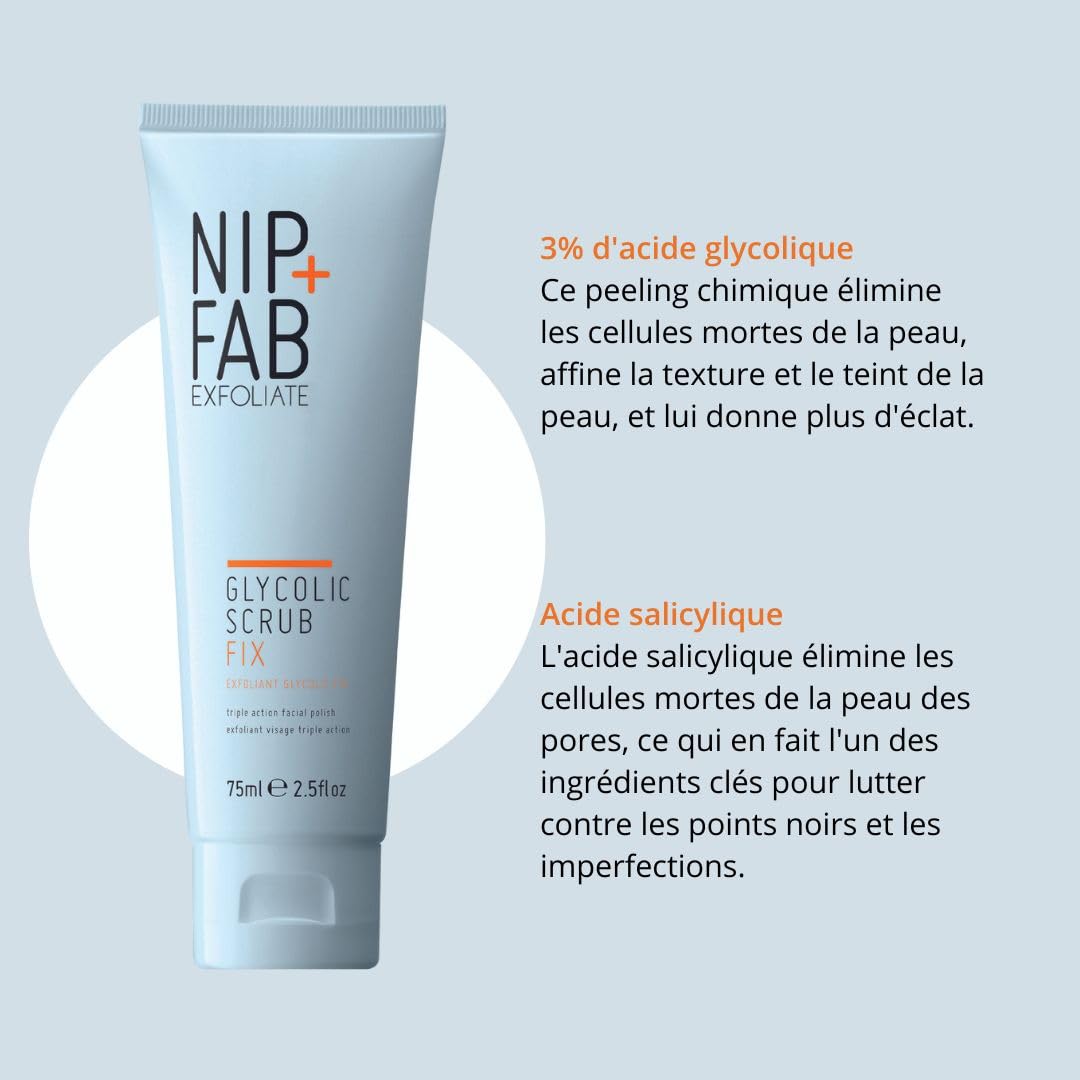 Nip+Fab Glycolic Fix Scrub | Peeling à l'Acide Glycolique | Avec Acide Salicylique | Aha/Bha Nettoyant Exfoliant Pour Le Visage, Polissant Pour Affiner Les Pores, Éclaircissant La Peau | 75 ml