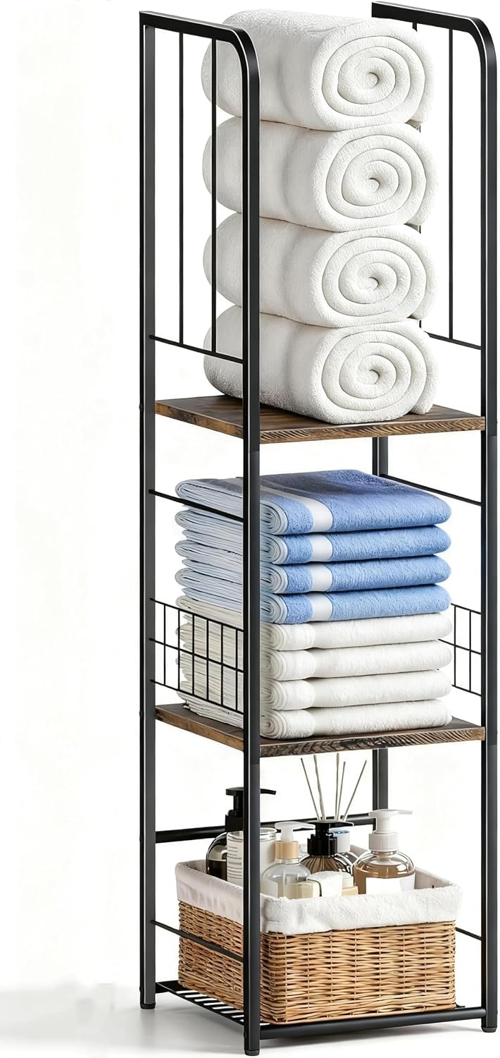 MISSLO Narrow Bathroom Towel Storage Rack, 3-Tier Towel Holder, Floor Freestanding Towel Shelf for Small Bath, Pool, Bathroom Storage Organizer, Brown