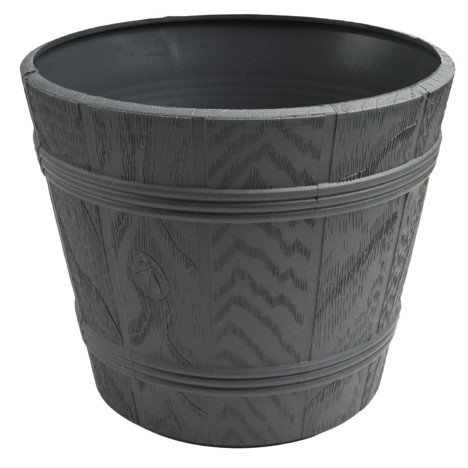 B2C Barrel Look Planter Flower Pot Rustic Wood Effect Plastic Round Indoor Outdoor Garden Tub Flowerpot Pation Home Decor Weather Resistant Container (Anthracite, 4.8L (D22cm H19cm))