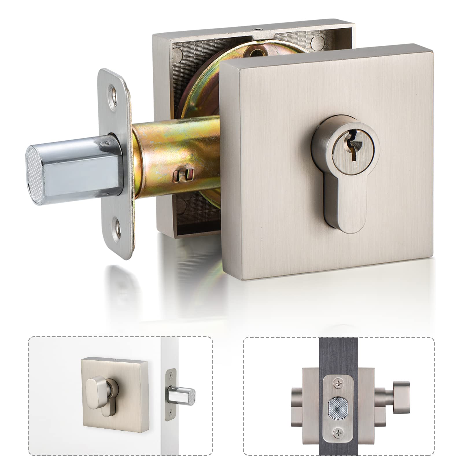 HIEMEY Single Cylinder Deadbolt Door Lock Set,Square Modern Contemporary Keyed Deadbolt for Front Entry Door, Brushed Nickel
