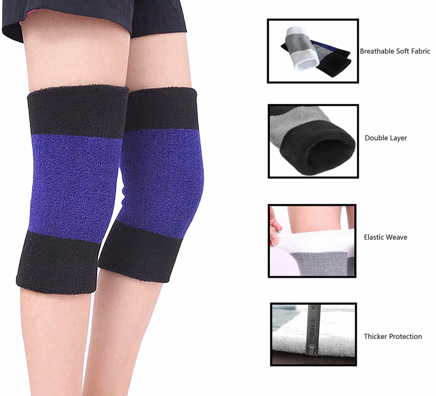 1 paires de genouillères unisexes pour l'hiver - Épais et élastique - Protection de sport pour homme et femme - Pour le cyclisme, la course à pied, la danse (bleu + noir)
