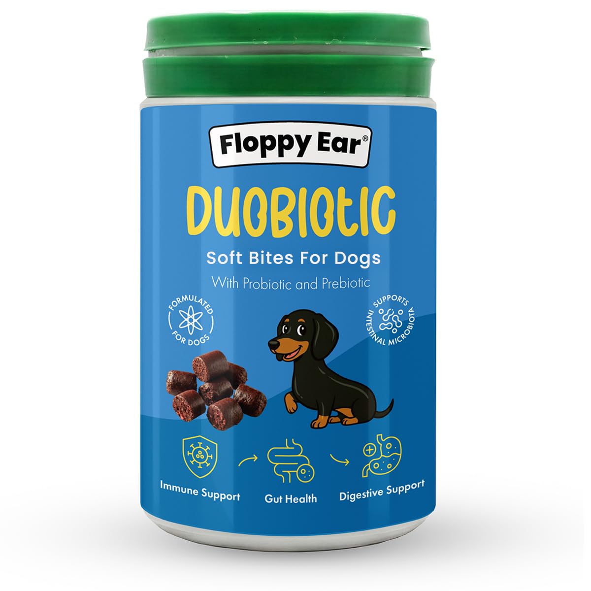 Floppy Ear Duobiotic Soft Bites for Dogs | 225g (Approx. 112 Bites) | with Probiotic Enterococcus faecium + Prebiotic Inulin & Psyllium | Supports Gut Health, Digestion & Immunity | Gluten Free