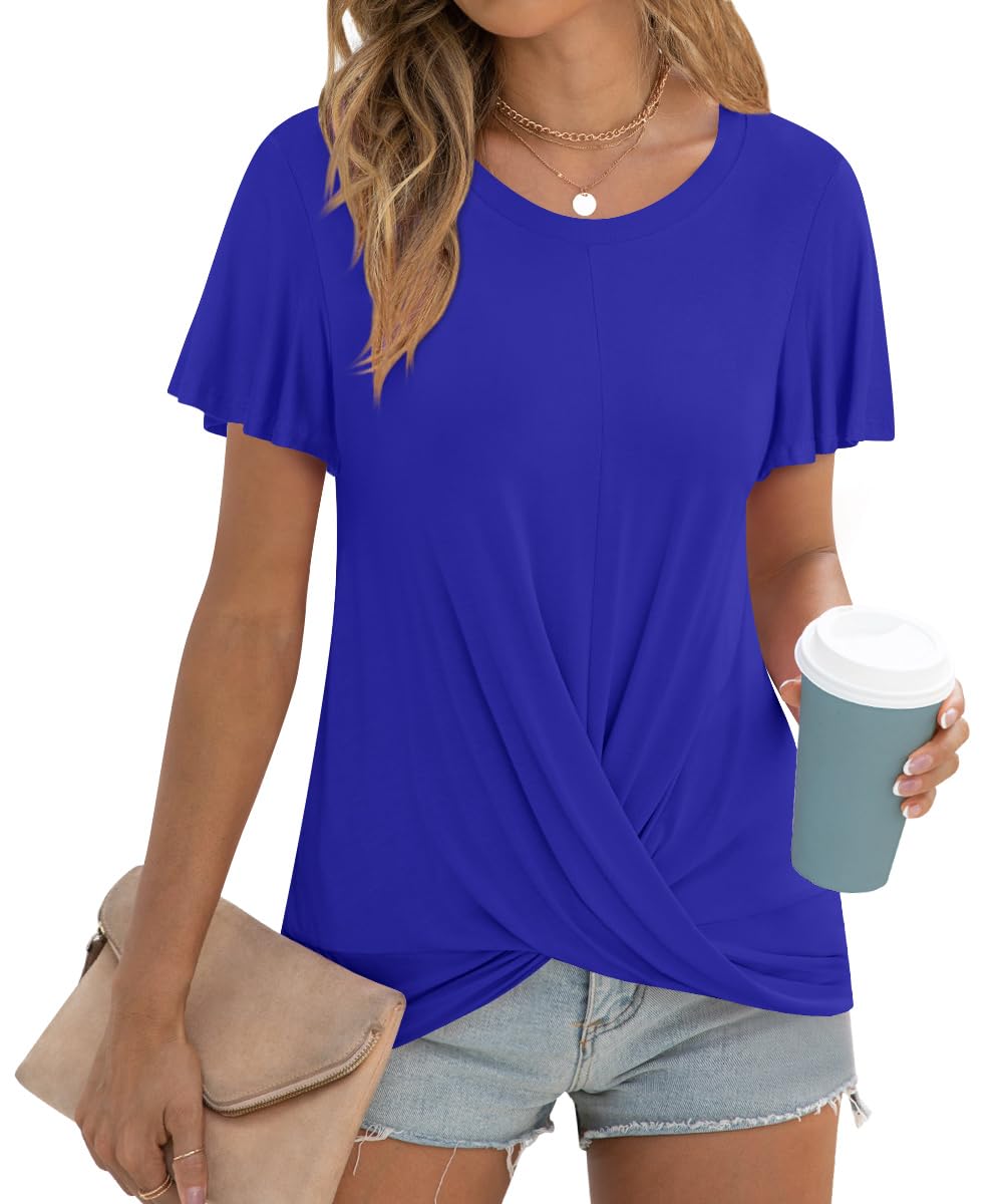 Addtoo Women's Summer 2025 Casual Tunic Wavy Short Sleeve Blouse Front Twist Tops Tee For Leggings
