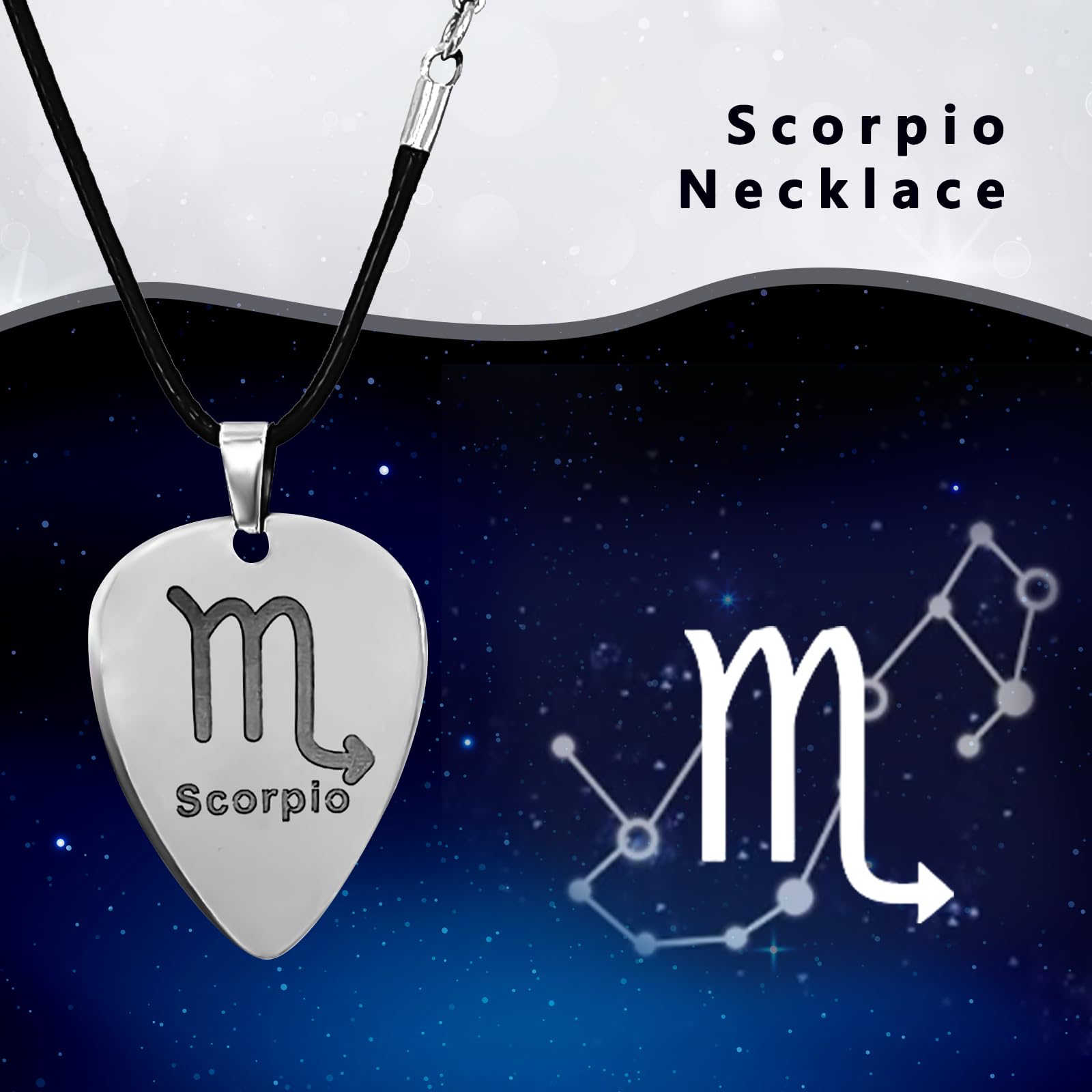Guitar Pick Zodiac Necklace For Men & Women - Stainless Steel Music Lover Pendant With Leather Cord - View #3
