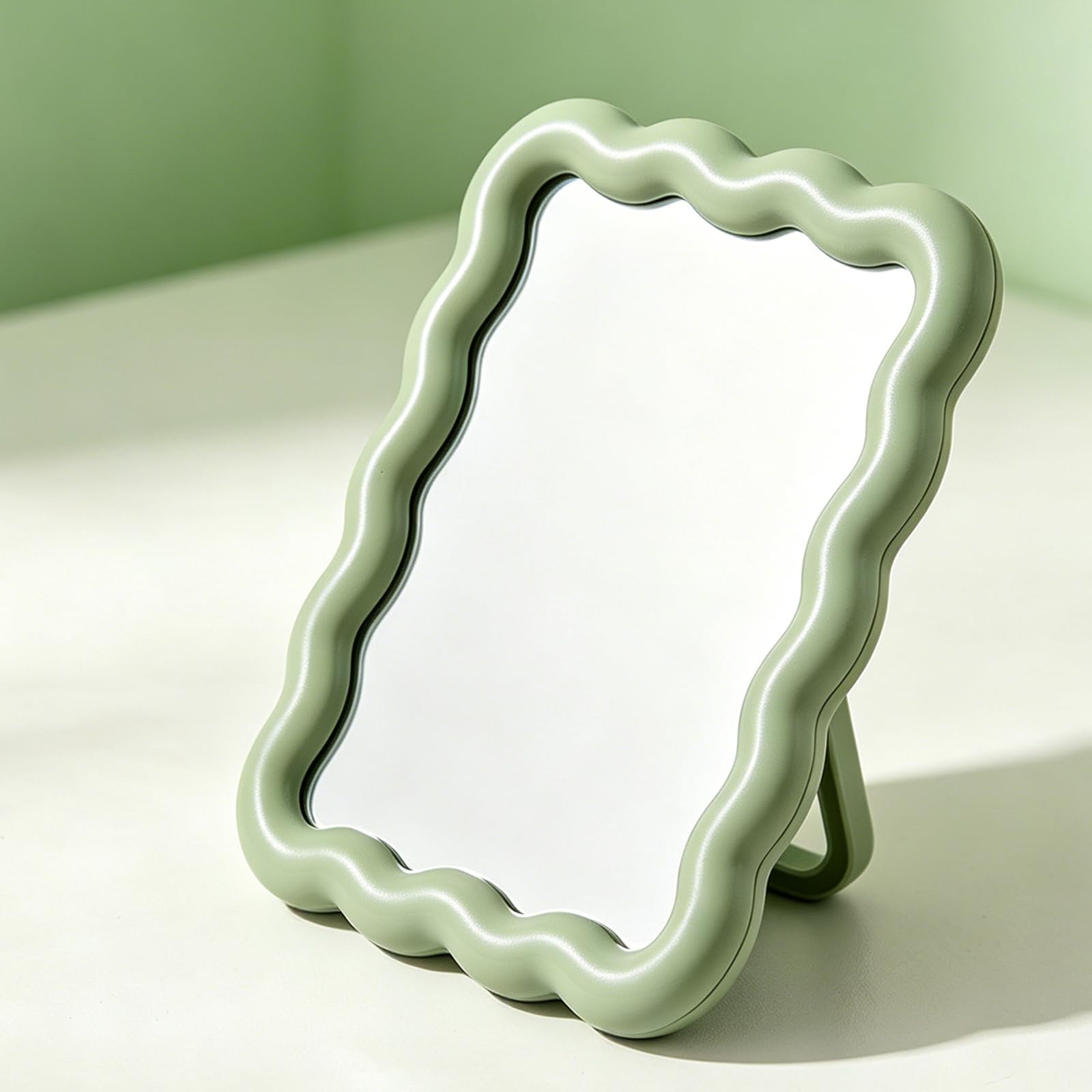 Muiltvoe Wavy Desk Mirror - Portable Tabletop Mirror with Foldable Stand, Aesthetic Vanity Mirror for Makeup & Home Decor, Lightweight Travel Mirror (Mint Green)