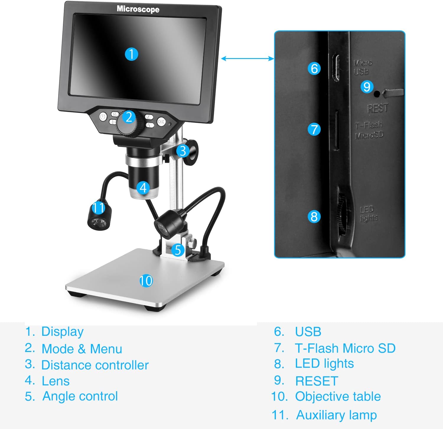 Koolertron 7" 12MP Digital Microscope, 1200X Magnification, 1080P USB Camera, 32GB TF Card, PC View, Rechargeable, LED Lights for Coin/PCB/Jewelry/Plant/Rock Inspection