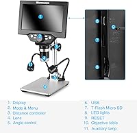 Vista 5 de Koolertron Microscopio digital de 12 MP de 7 pulgadas, aumento de 1200X, cámara USB 1080P, tarjeta TF de 32 GB, vista de PC, recargable, luces LED