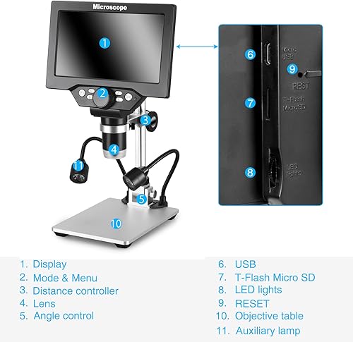Miniatura 5 de Koolertron Microscopio digital de 12 MP de 7 pulgadas, aumento de 1200X, cámara USB 1080P, tarjeta TF de 32 GB, vista de PC, recargable, luces LED