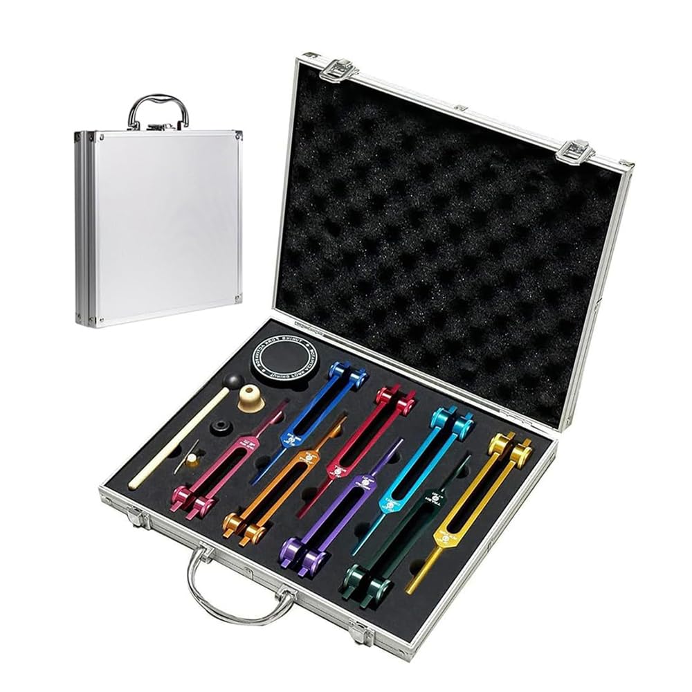 Diapason Therapeutique,Set de 8 diapasons avec base + 1 marteaux en silicone et chiffon de nettoyage, idéal pour la thérapie, pour la thérapie des chakras,la ThéRapie par le Son, le Soulagement Stress
