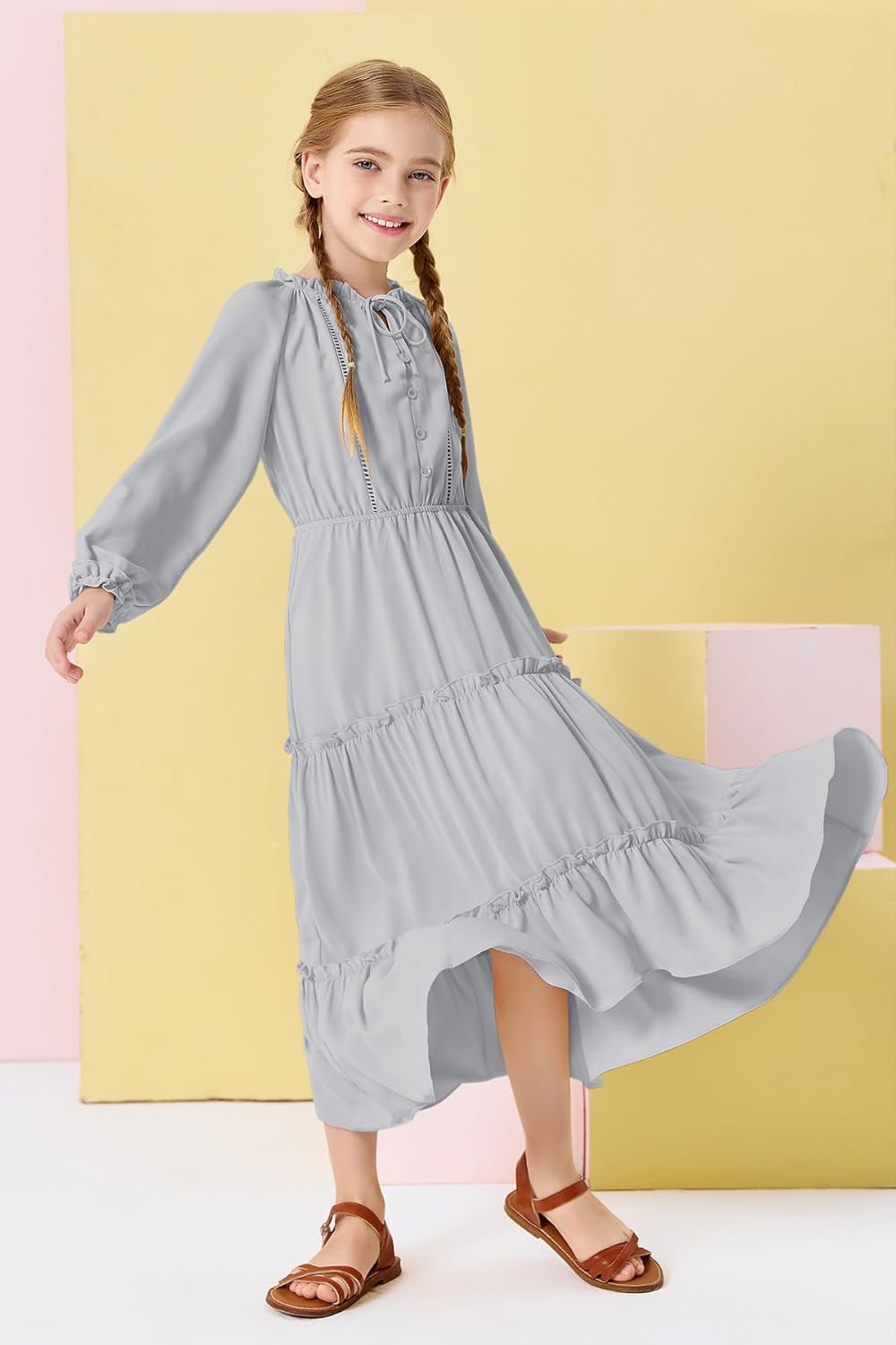 Batermoon Girls Ruffle Tierd Maxi Dresses Kids Fashion V-Neck Long Raglan Sleeves Dress Clothes 5-14 Years - Image 2