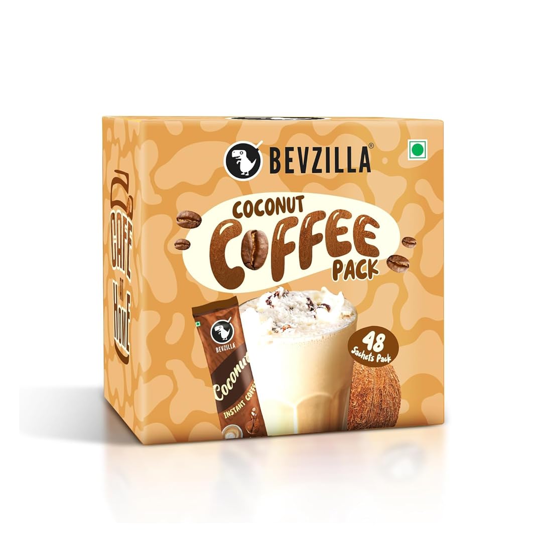 Bevzilla 48 Instant Coffee Powder Sachets (Coconut) - 96 Grams | Makes 48 Cups| Arabica Coffee| Easy To Carry| Best For Espresso, Latte, Cappuccino|Enjoy Hot & Cold Coffee-image-26