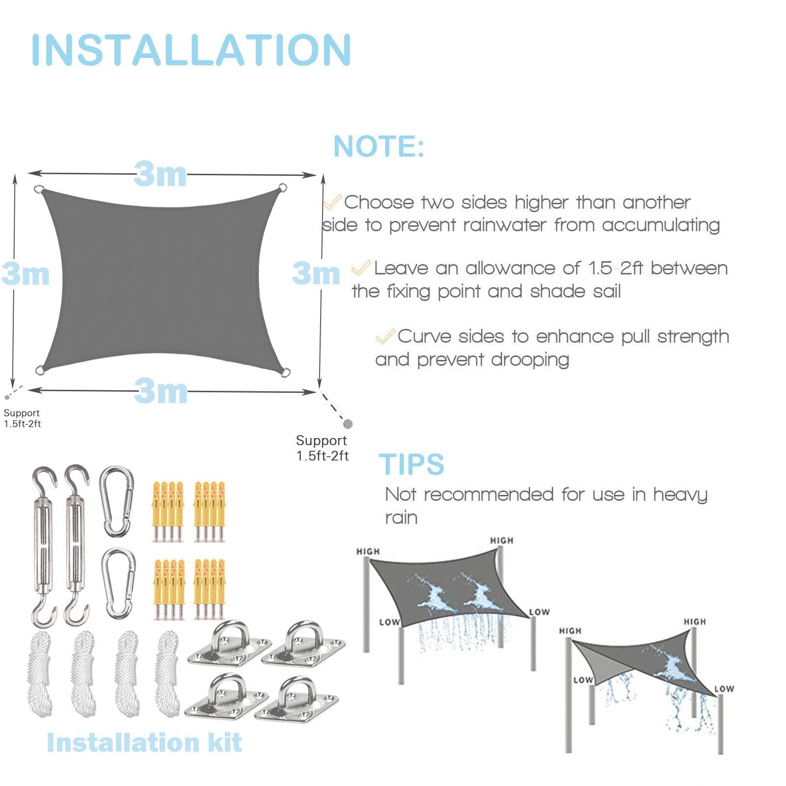 Sunal Toldo impermeable de 3 x 3 m con kit de fijación de instalación, toldo rectangular para jardín al aire libre, poliéster PES y resistente al desgarro, sombra de vela para jardín al aire libre