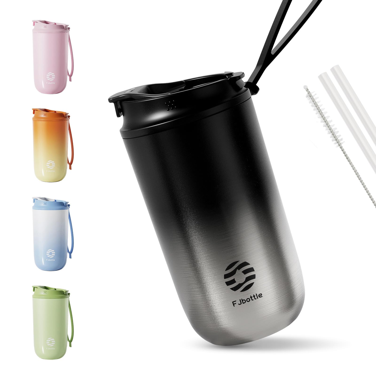 Fjbottle 450ml Travel Coffee Mug, Double Wall Stainless Steel Vacuum Coffee Cup Two Drink Way Reusable Thermal Tumbler Leak-Proof Insulated Car Coffee Cup For Hiking, Camping & Traveling Black