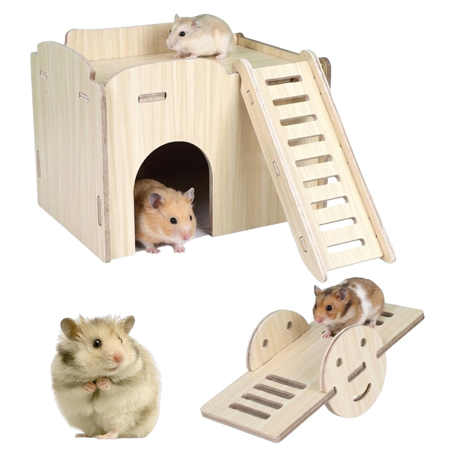 Solbrezeni Wooden Hamster House with Platform Seesaw Small Animal Hideout for Syrian & Dwarf Hamsters, Gerbils, Mice Multi-Functional Cage Accessory for Sleeping, Playing, Climbing Enrichment