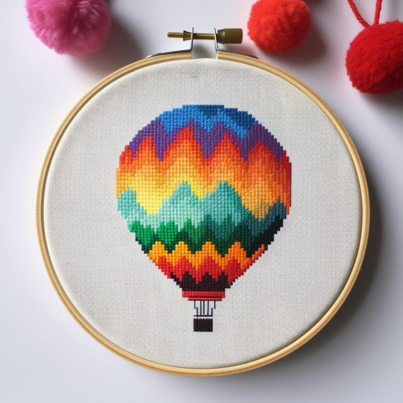 Generic Hot Air Balloon Cross Stitch Kits with Hoop Easy Pattern Stamped Cross-Stitch Supplies Needlework DIY 11CT 3 Strands Cotton Thread Printed DIY Needlepoint Kits 35×35cm (an83), FIF-YPCIHOOP83