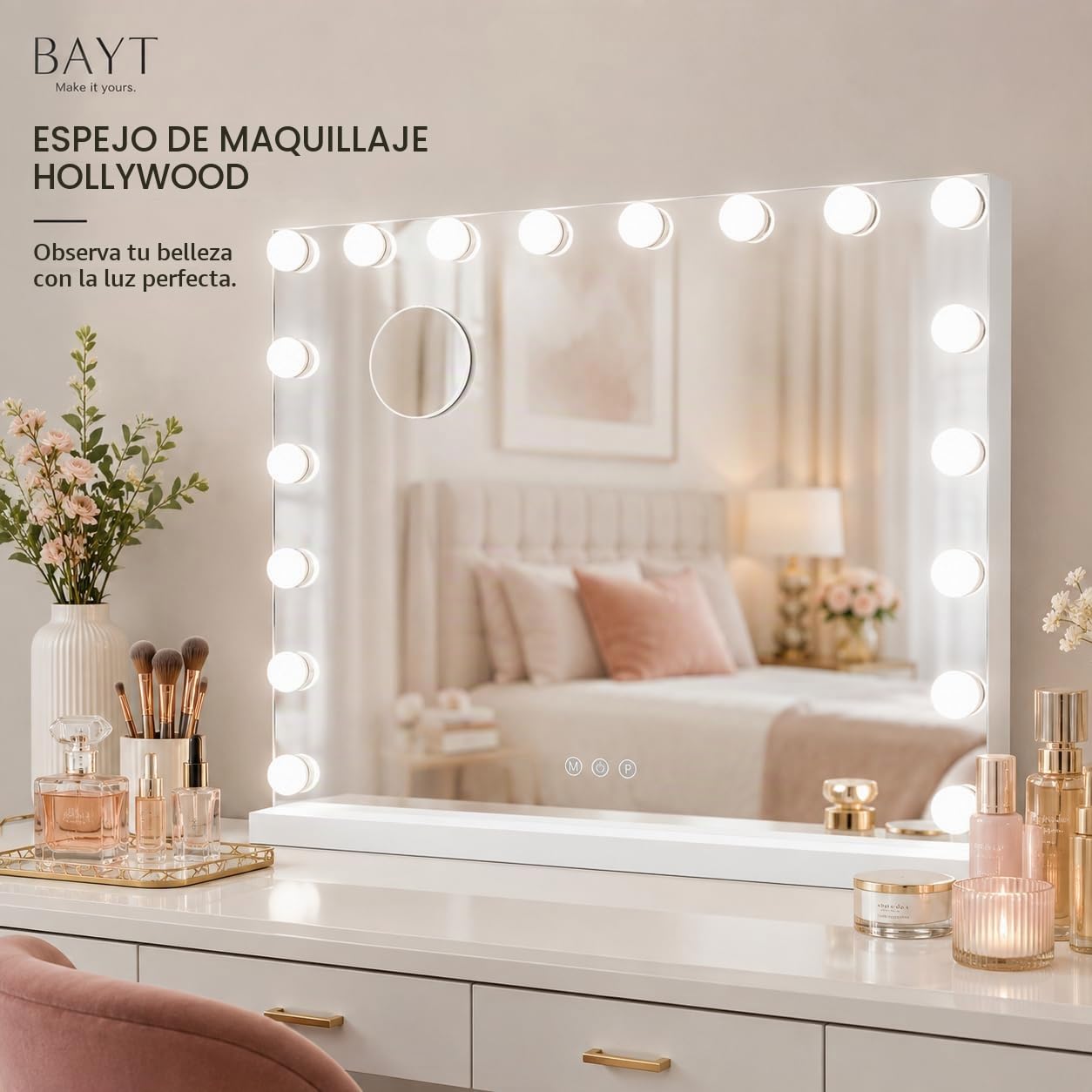 Bayt Espejo Maquillaje con Luz 80 x 60 cm, Espejo Tocador Hollywood con 18 Bombillas, Espejo con Aumento 10x, Luz Regulable