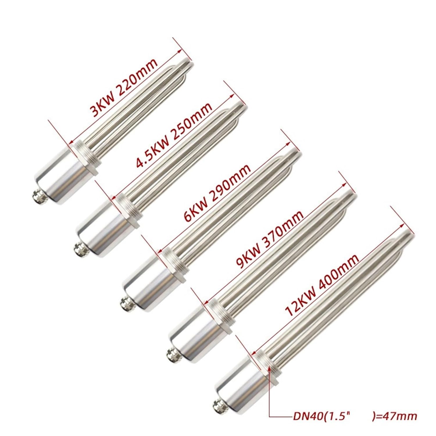 Stainless Steel 220v/380v DN40 47mm Thread Electric Immersion Heating Element Water Heater 3kw/4.5kw/6kw/9kw/12kw 1Pcs(Heater Thread,220V_6KW 290MM)
