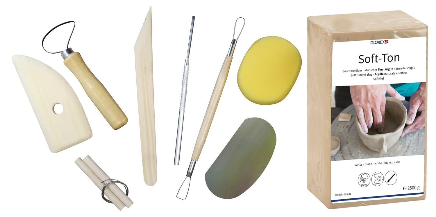 GLOREX 6 8075 301K – Set for Creatives: Soft Clay 2500 g in White, Air-Hardening or Flammable and 8 Piece Set with Durable Modelling Tool