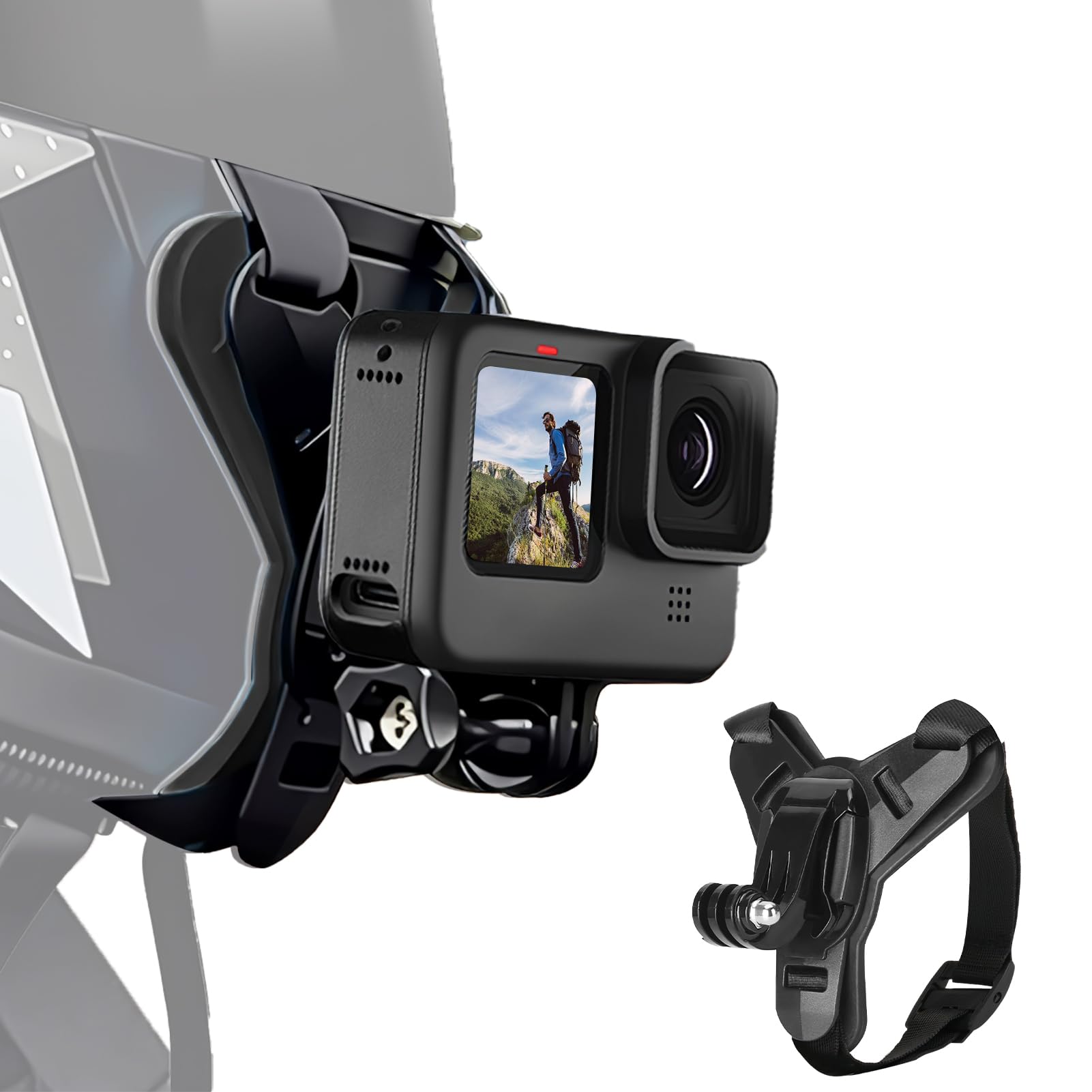 Support de Casque Moto Menton pour GoPro Hero 13 12 11 10 9 8 7 6 5 pour DJI OSMO Action 5 Pro 4/3 Fixation de Menton pour Session avec Crochet en J Sangle Silicone Antidérapant Facile à Installer