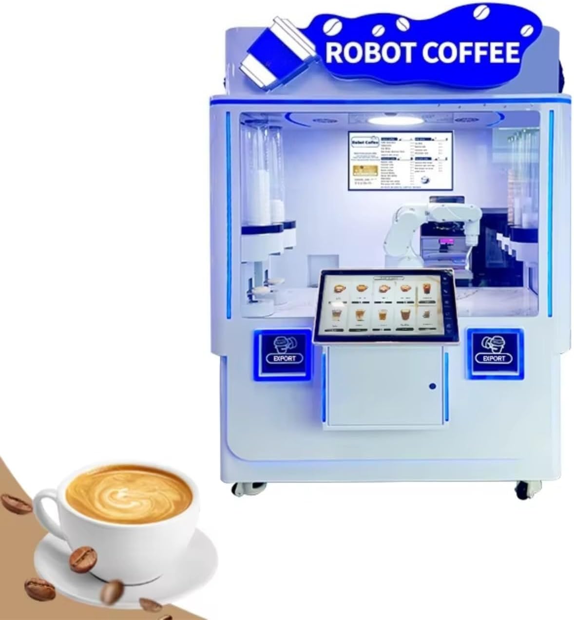 Coffee Robot Machine with Robot Arm, Intelligent Coffee Brewing System with Touch Screen Ordering and Contactless Payment for Street Food