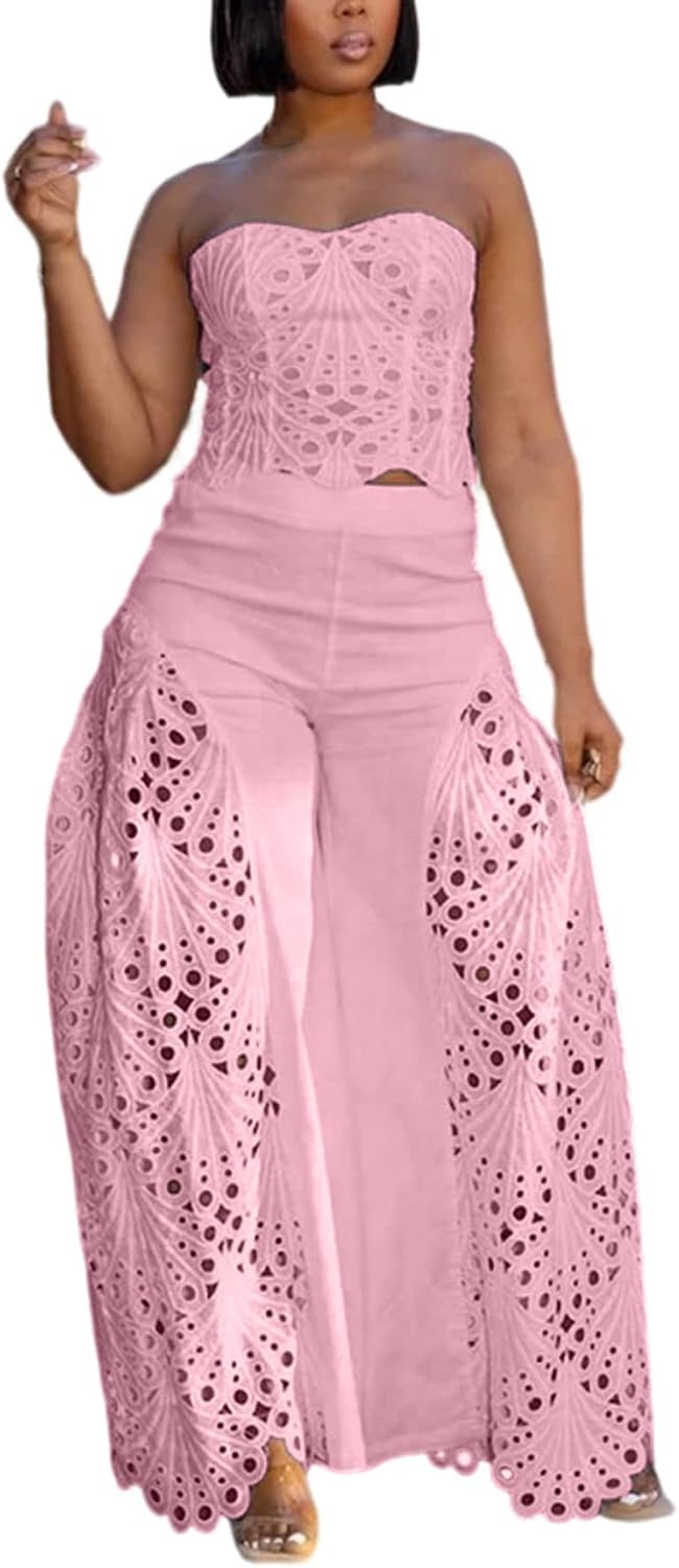Women 2 Piece Lace Set Crop Strapless Corset Tube Top Hollow Out Eyelet Barrel Pants Party Jumpsuit Outfits