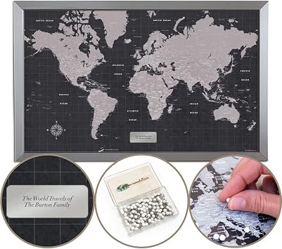 Modern Slate World Travel Map | Includes Push Pins | Handmade in Minnesota | Gift Map For Travelers | 22"x33"