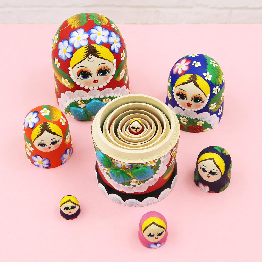 Winterworm® Russische Matroschka-Puppe aus Holz, rote Blumen und Beeren, 7 Stück