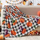 inhand Halloween Blanket, Black Buffalo Plaid Fall Pumpkin Throw Blanket for Couch Sofa Bed Office Camping, Soft Warm Fuzzy Cozy Checkered Blanket, Halloween Decor 50"X60"