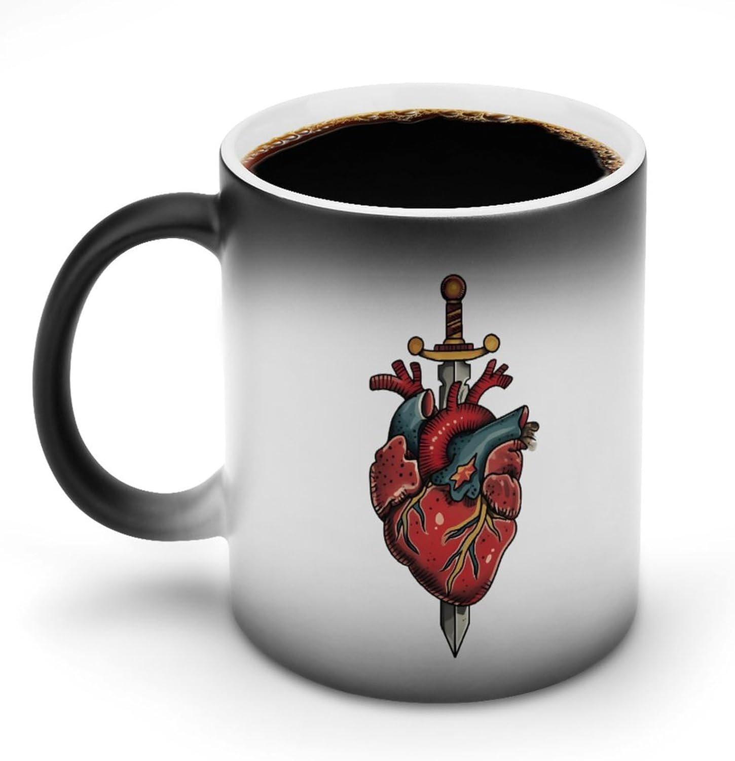 Traditional Tattoo Heart with Sword Funny Color Changing Coffee Mug Ceramic Magic Cup Personalized Discoloration Tea Mugs