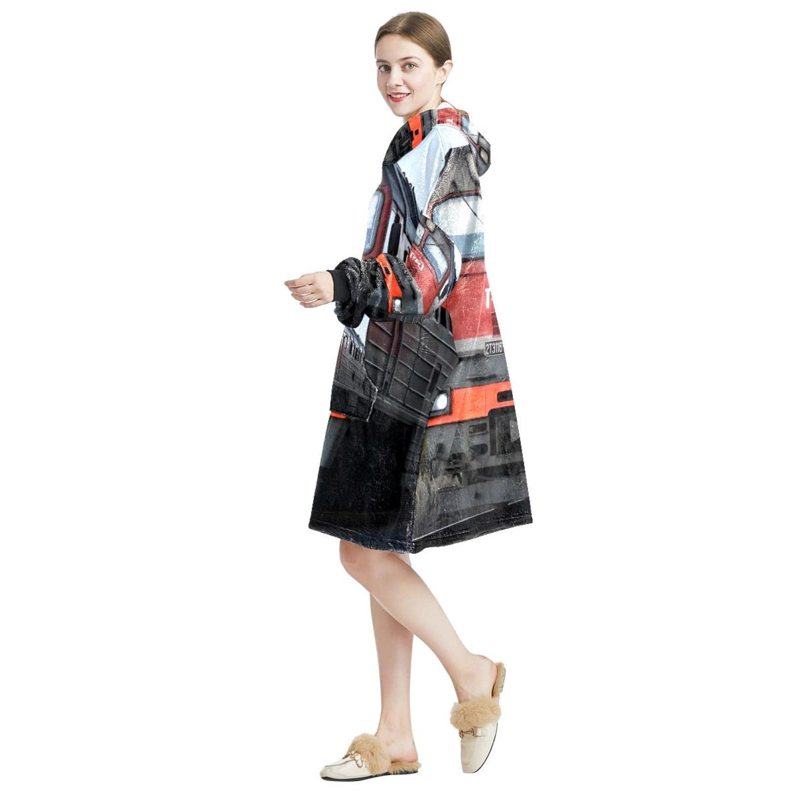 Bluza z kapturem z kocem, retro pociąg tor kolejowy, ponadwymiarowa bluza z kapturem, wielobarwny, rozmiar uniwersalny