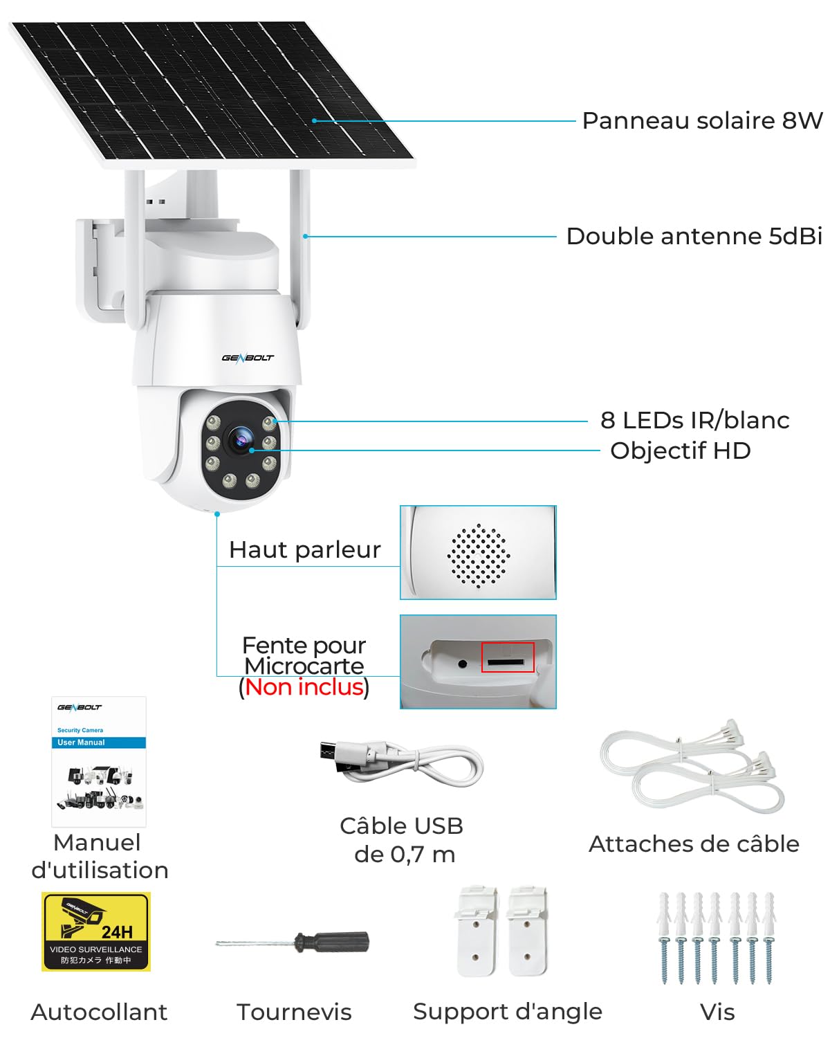 GENBOLT 2K AOV Caméra Surveillance WiFi Extérieure sans Fil Solaire | 24/7 Enregistrement, 360° PTZ, Détection IA 90FT, 2,4/5GHz, 8W 10400mAh, Suivi Auto, Nocturne Couleur, Audio Bidirectionnel