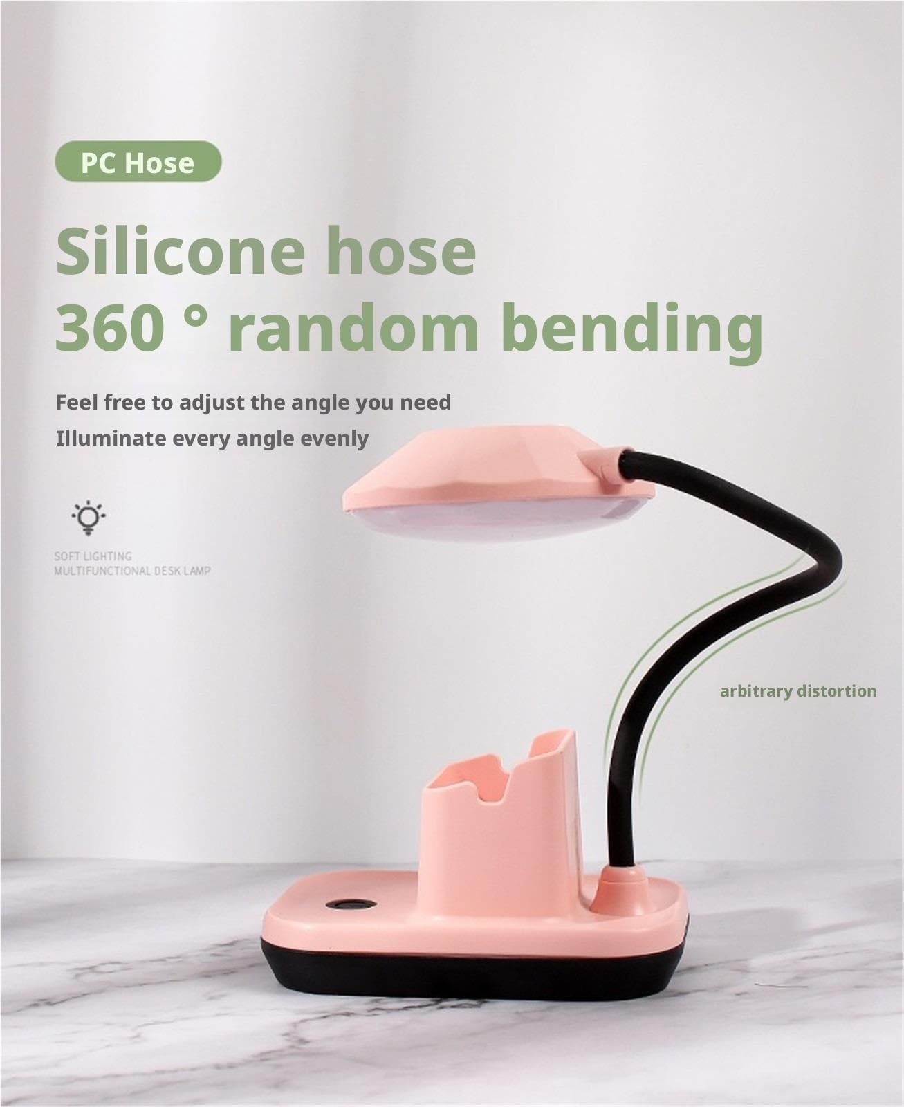 Lampa Biurkowa do Domowego Elastyczna, Przyjazna Dla Oczu Lampa Biurkowa Z Portem USB I Podstawą Na Długopis Lampa Stołowa do Czytania(Pink)