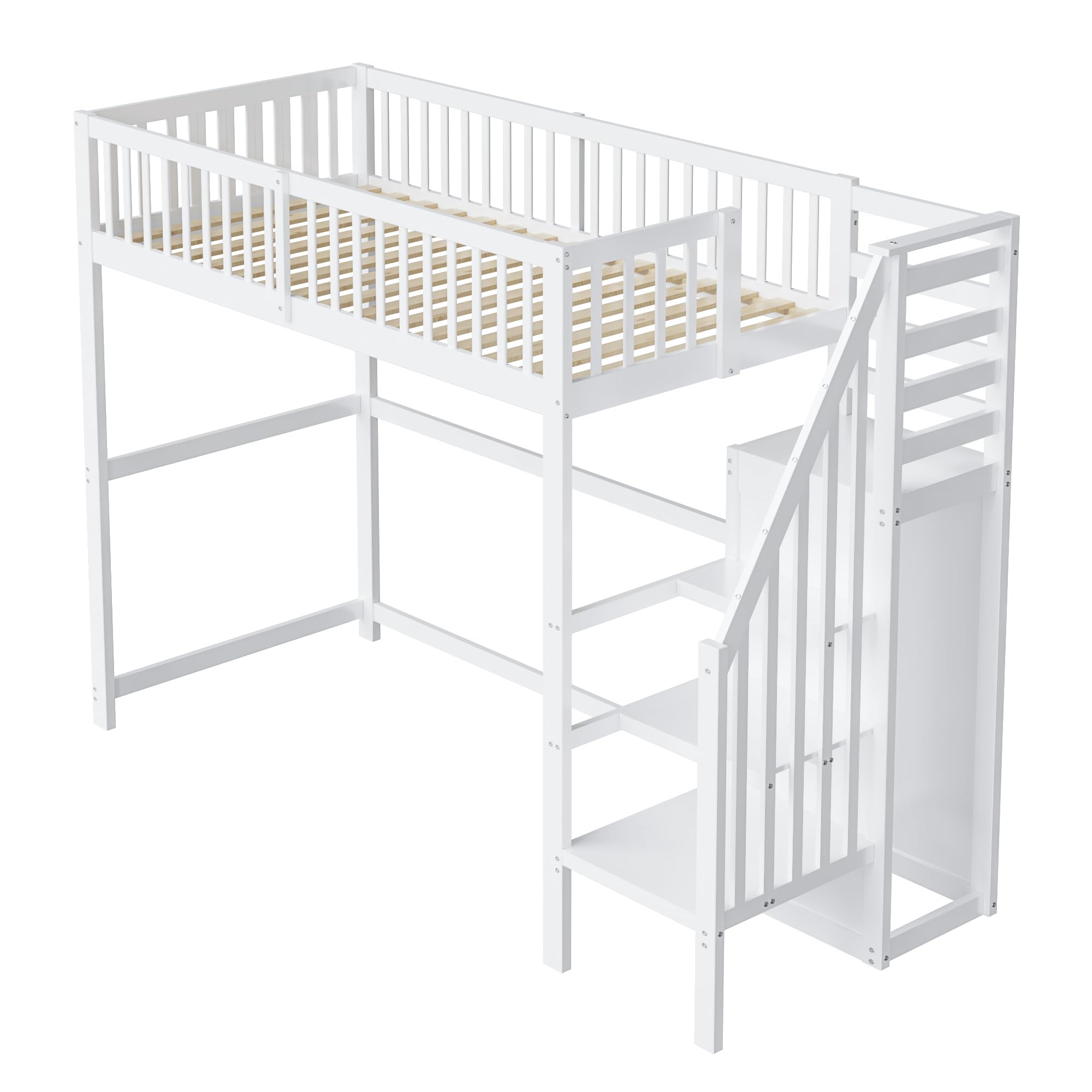 Idemon Cama alta 90 x 200 cm con escalera, cuna blanca de madera con estante de almacenamiento, armario sencillo
