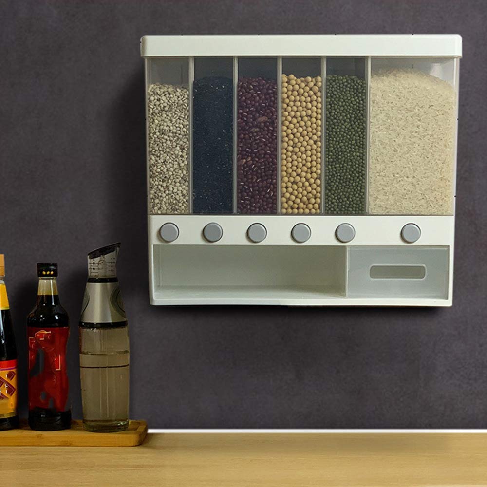 Distributeur de Riz et de CéRéAles Divisé Mural 10KG 6 Supports Automatiques en Plastique éTanche Une L'Humidité BoîTe de Rangement des Aliments ScelléE