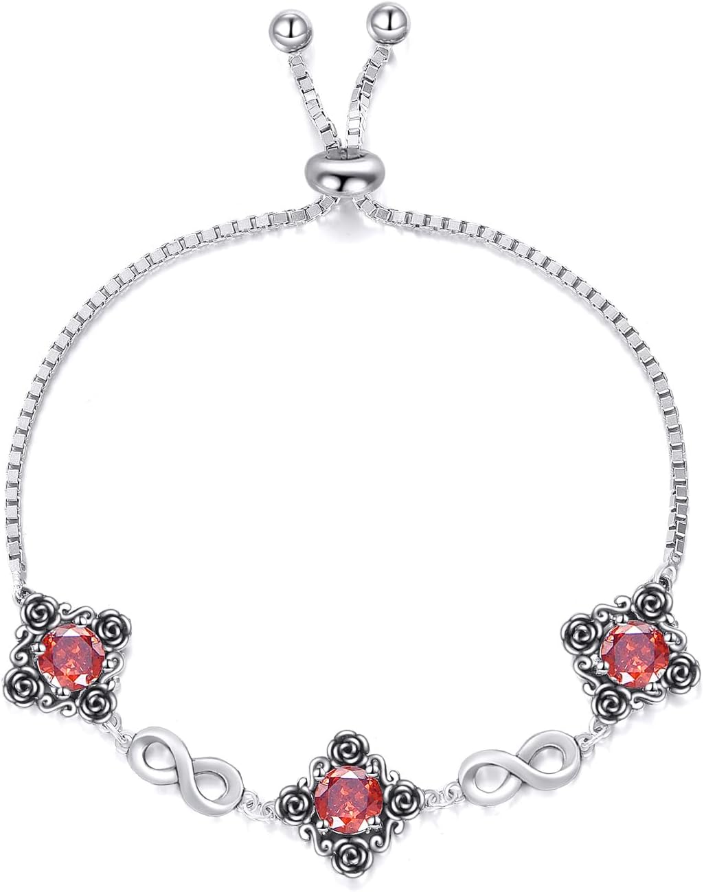 Infinity Retro Birthstone Bracelet 925 Sterling Silver Oxidized Rose Filigree Gemstone Bracelet with 6.5+2 Inch Box Chain for Women