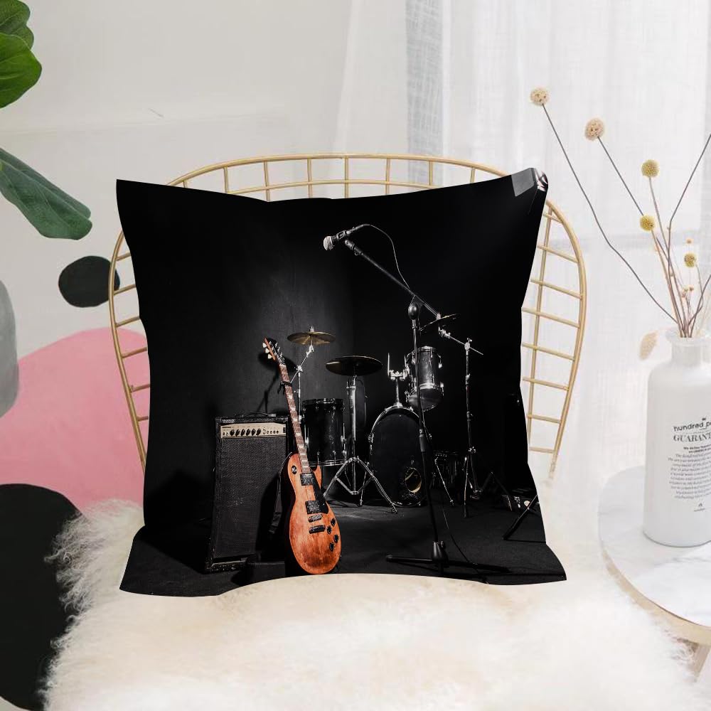 Hyosxw Music Musical Instruments Guitar With Drum I - A6 Cushion Cover,Throw Pillow Case Home Decorative For Living Room Bedroom Sofa Chair 18X18 Inch,Music Musical Instruments Guitar With Drum In Black Decorative Runner,Pillowcase 45X45cm