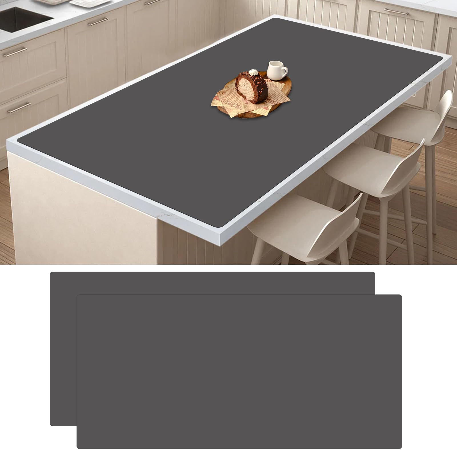 Große Silikonmatten für die Küchentheke, 120 x 60 cm, hitzebeständige Matte für Kücheninsel, wasserdicht, Mehrzweck-Arbeitsplattenschutz, Dunkelgrau, 2 Stück