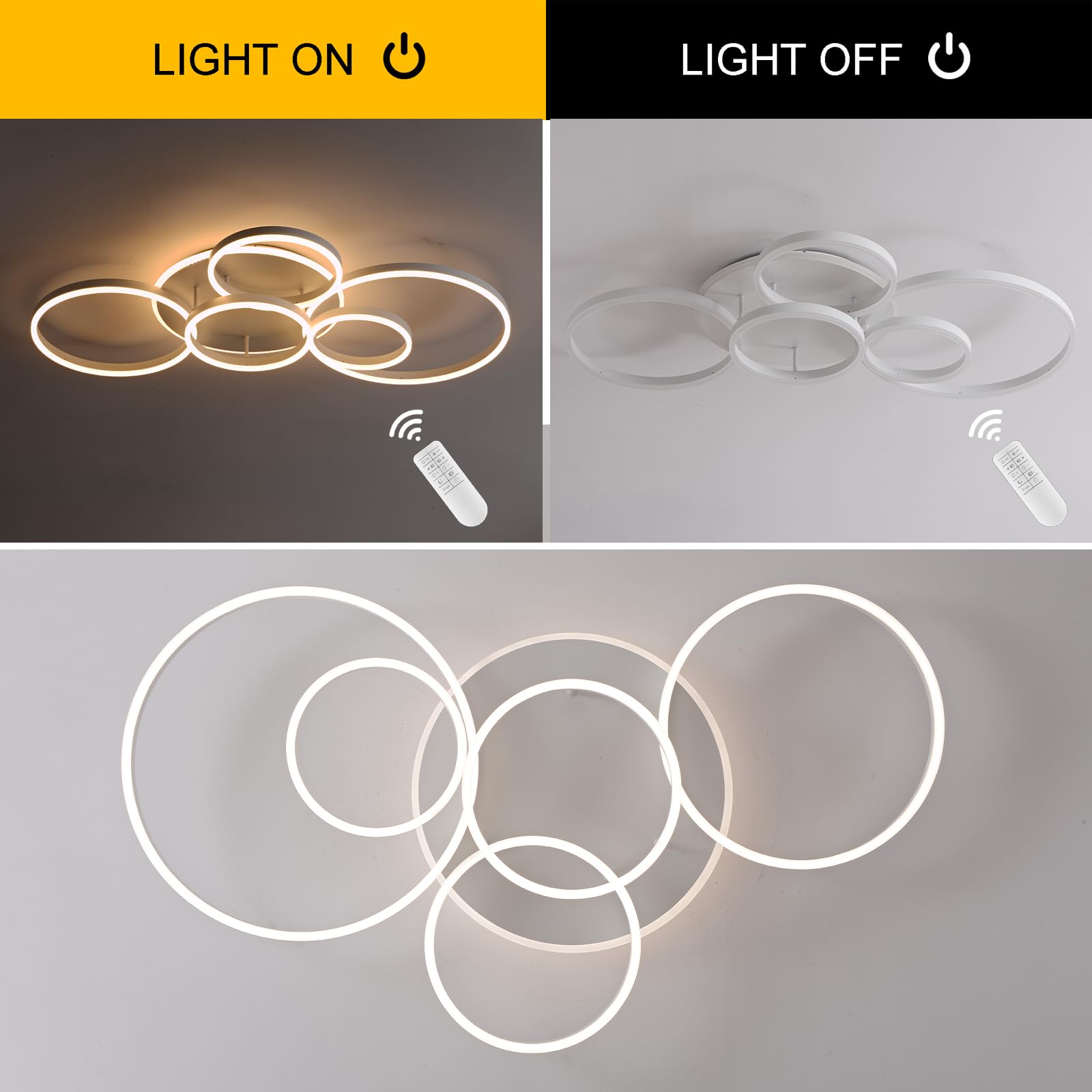 Dimmbare Led Deckenleuchte,Unterputz-Wohnzimmerlampe,108 W,6400 Lm,Deckenleuchte Mit Fernbedienung,6-Ring-Kronleuchter FüR Wohnzimmer, Schlafzimmer, Esszimmer, 3000–6000 K,Weiß,L116CM