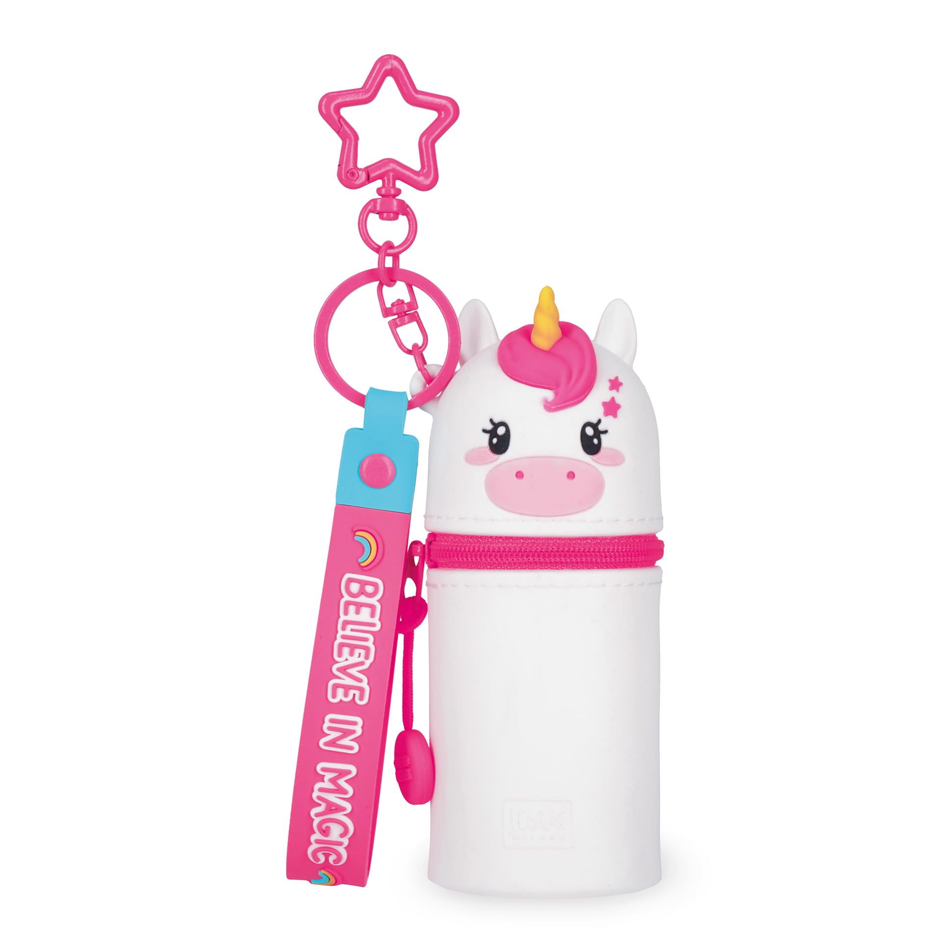 mini kawaii unicorn keyring coin purse with spiral ring, carabiner and wrist strap, silicone, 5 x 12 x 5 cm