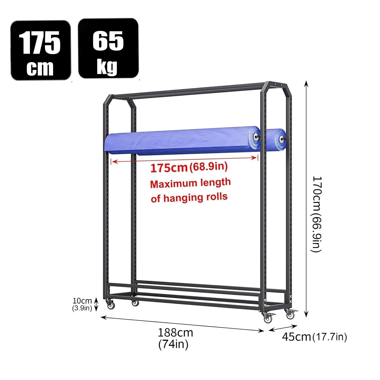 Generico Espositore Regolabile per Rotoli di Tessuto Commerciale con Ruote, Organizer Mobile per Rotoli di Pelle, pellicole per finestre e Carta da Parati - 20 aste, Larghezza 175 cm
