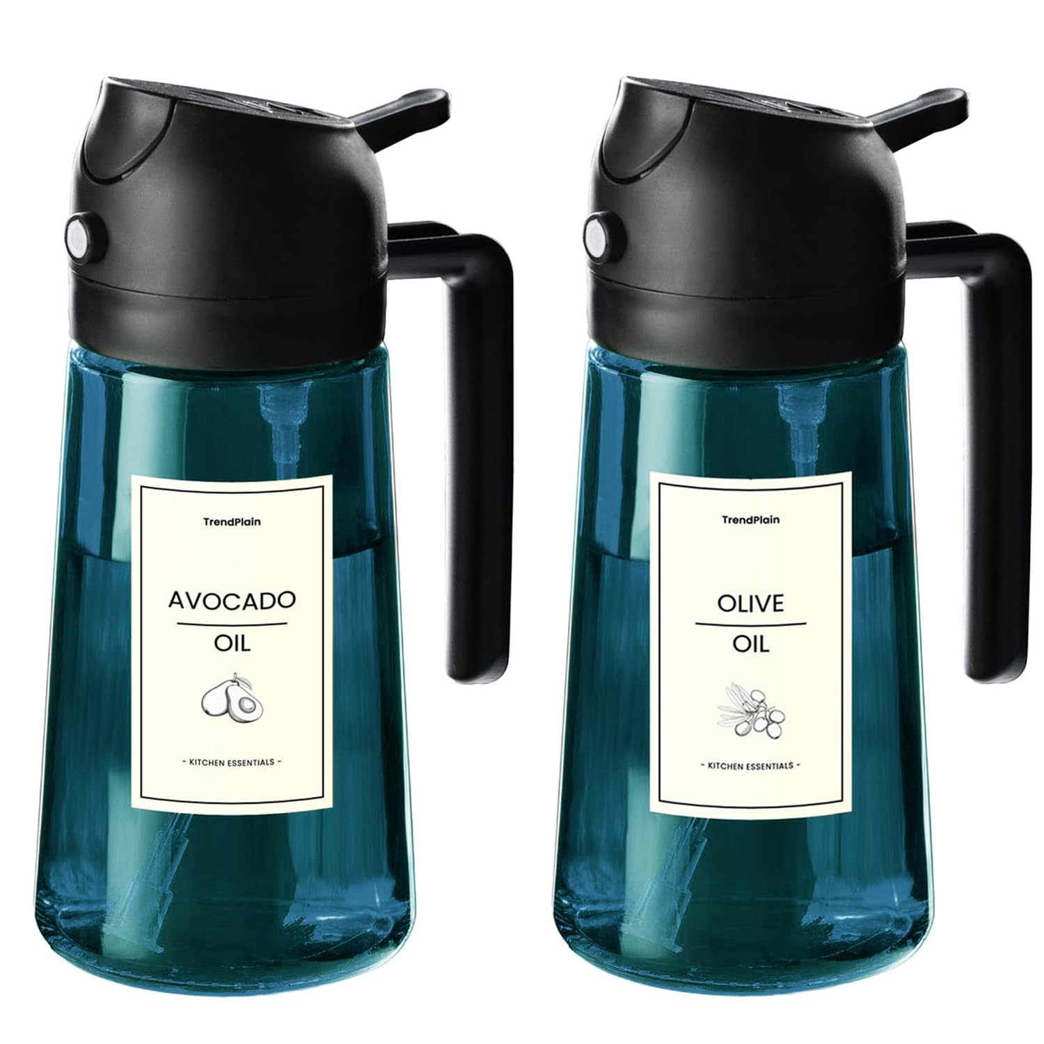 TrendPlain 16oz/470ml Blue Glass Olive Oil Sprayer for Cooking - 2 in 1 Olive Oil Dispenser for Kitchen Gadgets, Air Fryer, Salad, and BBQ - 2 Black