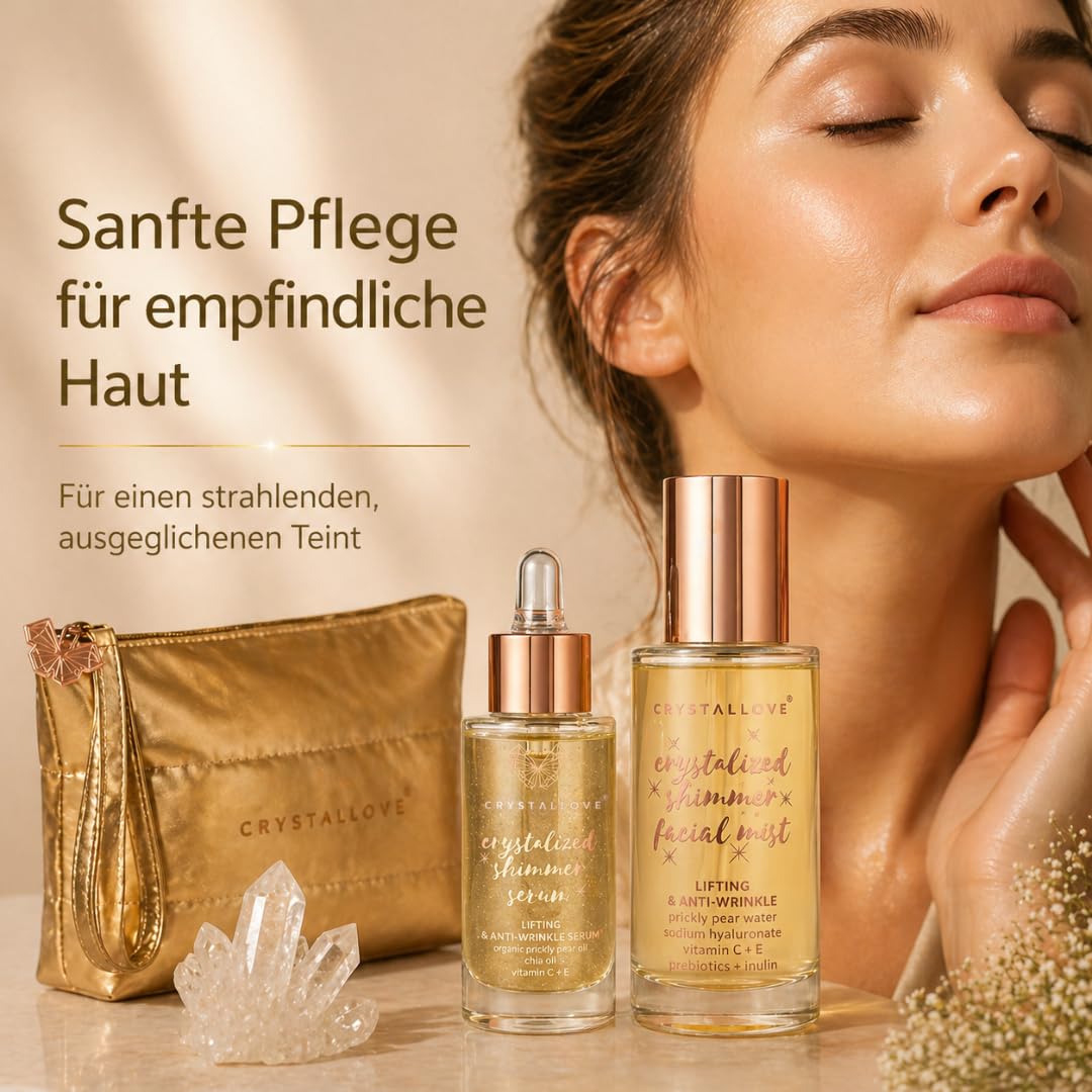 CRYSTALLOVE Clear Quartz Skincare Duo – Gesichtsserum 30 ml & Face Mist 100 ml mit Bergkristall inkl. Kosmetiktasche – Hautpflege Set für Glow, Feuchtigkeit & Frische – Geschenkset